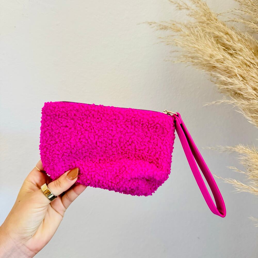 NEW NORDSTROM LAUDER Hot Pink Fuchsia Teddy Sherpa Zip Travel Pouch Wristlet Bag